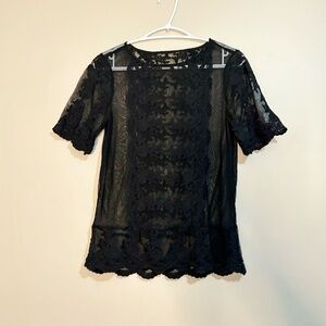 Black Mesh Tee with Lace Overlay and Scalloped Edges – Size Large EUC